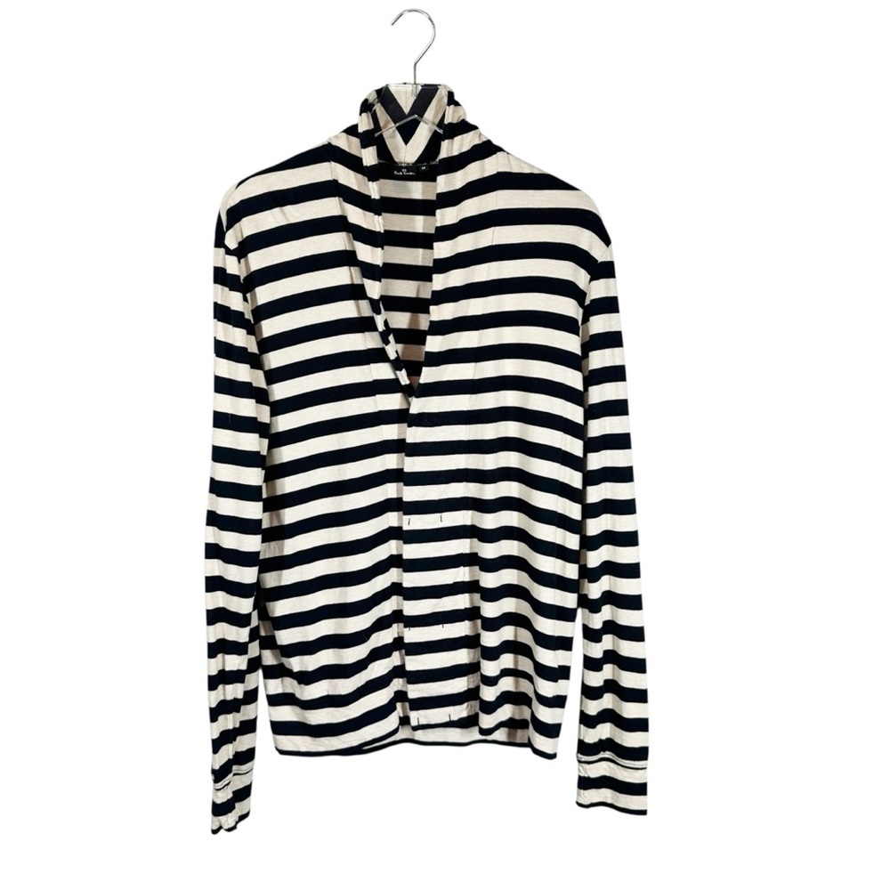 PAUL SMITH Women's Medium Black & Ivory Wide Stripe Pullover V-Neck Wrap Top